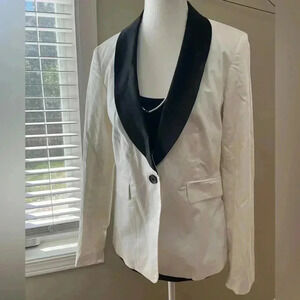 [10]Club Monaco White Cotton Black Collar Lined Single  Breasted Blazer